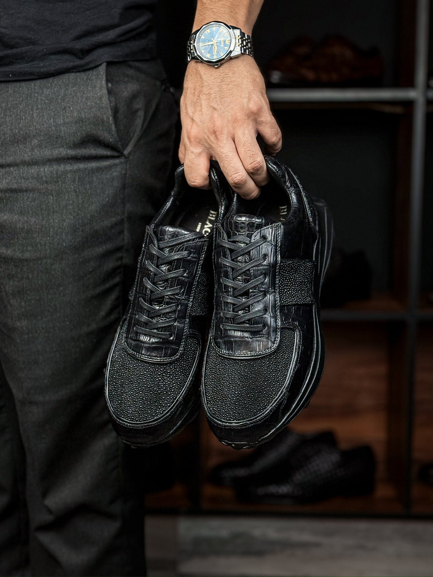 URIEL SNEAKER CROCODILE & MANTA RAY BLACK