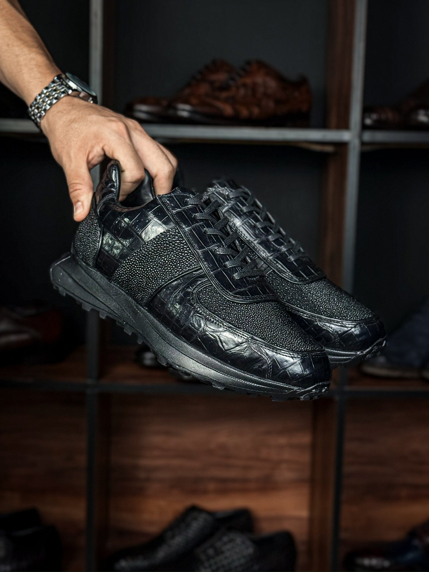 URIEL SNEAKER CROCODILE &amp; MANTA RAY BLACK 