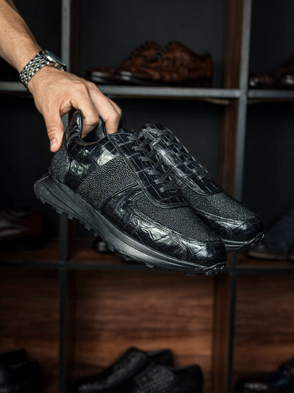 URIEL SNEAKER CROCODILE &amp; MANTA RAY BLACK 