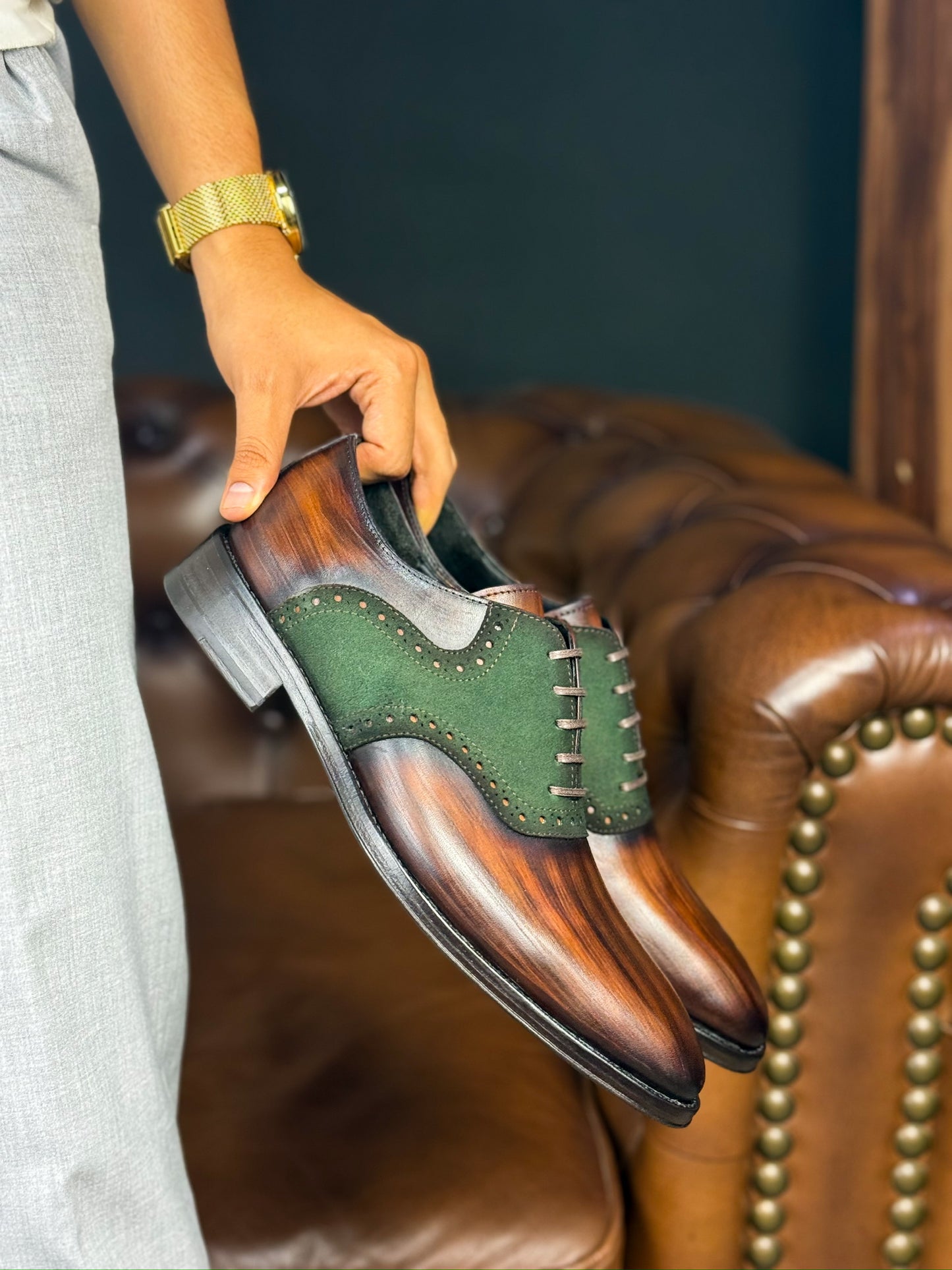 ROBERT LEATHER &amp; SUEDE BROWN GREEN